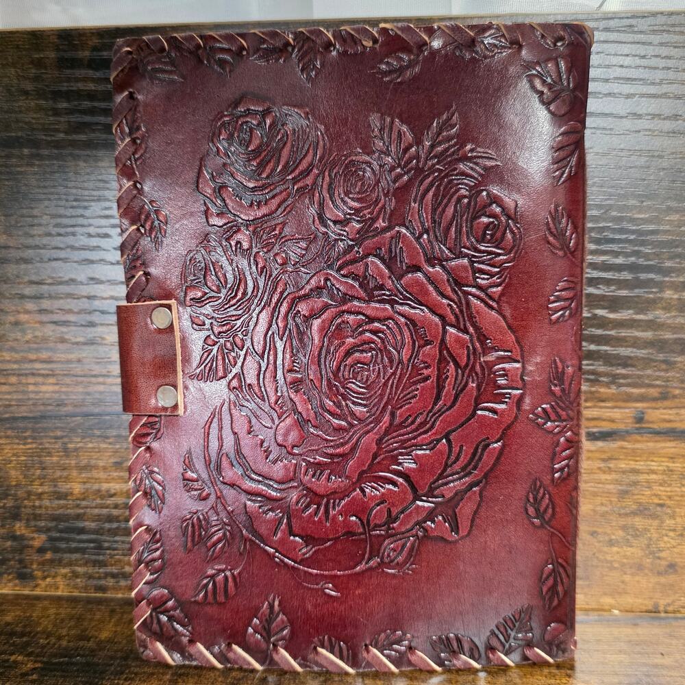 Brown Leather Journal Embossed Rose Metal Clasp White Pages 5x7 New